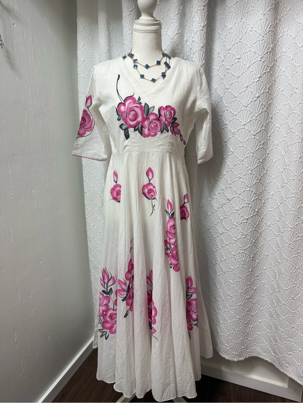 White Dress with Pink Floral Print V-Neck